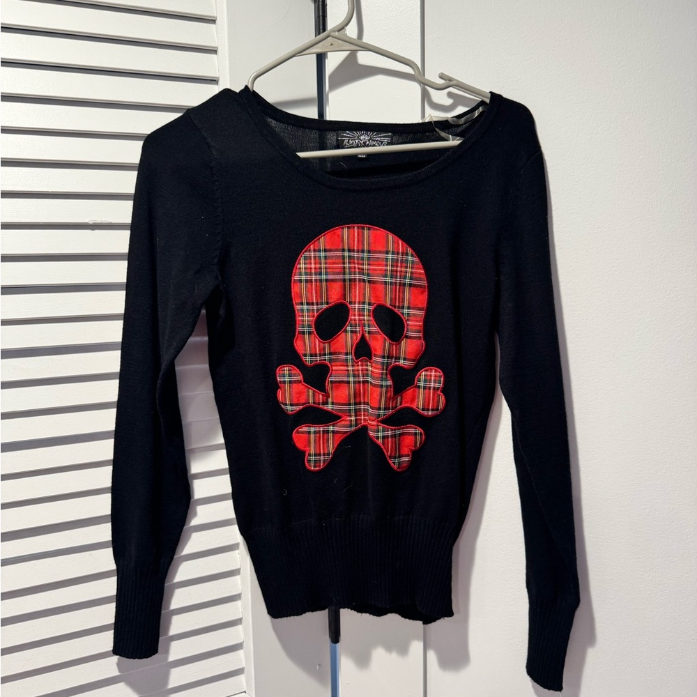Almost Famous Black Sweater with Red Plaid Skull